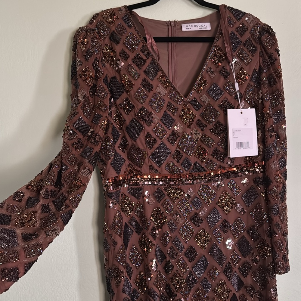 MAC DUGGAL size 14 Brown Geo Embellished Midi Sheath Dress - Picture 7 of 9
